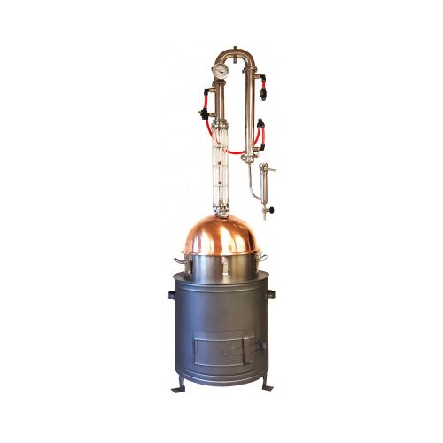 Alambic pentru distilat băuturi spirtoase (pălincă, țuică, vinars, etc.) cu turn de reflux cu o singură treaptă de 50 de litri